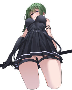 1girl absurdres arm_strap bare_shoulders belt black_belt black_dress black_gloves breasts closed_mouth commentary cropped_legs dress elbow_gloves from_below gloves green_hair highres holding looking_at_viewer medium_breasts pleated_dress purple_eyes short_dress side_ponytail simple_background single_elbow_glove solo sousou_no_frieren thigh_strap ubel_(sousou_no_frieren) uyufuzi_s white_background
