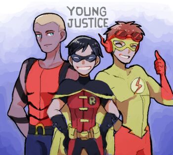 3boys aqua_lad belt black_hair blonde_hair bodysuit cape copyright_name dark_skin dc_comics dick_grayson domino_mask eye_mask gloves goggles goggles_on_head hands_on_own_hips kaldur'ahm kid_flash male_focus mask multiple_boys orange_hair robin_(dc) sleeveless smile tattoo thumbs_up wally_west young_justice:_invasion