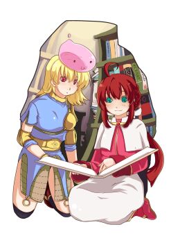 Rule 34 | 2girls, :3, abcdyey, acolyte (ragnarok online), ahoge, archer (ragnarok online), armored skirt, black thighhighs, blonde hair, blue eyes, blue shirt, blush, book, breasts, brown gloves, capelet, chinese commentary, closed mouth, commentary request, full body, gloves, highres, kneeling, library, long hair, long sleeves, medium breasts, medium hair, multiple girls, muneate, open book, pink shirt, poring, ragnarok online, reading, red eyes, red hair, red shoes, seiza, shelf, shirt, shoes, short sleeves, sitting, skirt, slime (creature), smile, thighhighs, white capelet, white skirt