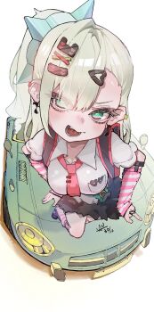 1girl arm_warmers asymmetrical_bangs backpack bag black_skirt breasts car chinatsu_remiel collared_shirt earrings eyelashes from_above green_eyes green_hair hair_ornament hairpin highres ian709 jewelry long_hair looking_at_viewer motor_vehicle multiple_hairpins musical_note musical_note_earrings necktie on_car open_mouth randoseru red_necktie shirt skirt smile smug solo striped_arm_warmers white_background white_shirt zenless_zone_zero