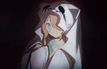 Rule 34 | 1girl, aqua bow, aqua bowtie, black background, blue eyes, blue sailor collar, bow, bowtie, brown hair, closed mouth, collarbone, e douraze, ghost costume, hair between eyes, hair over one eye, halloween costume, hands up, long hair, looking at viewer, neuro-sama, official alternate costume, portrait, sailor collar, sleeves past fingers, sleeves past wrists, smile, solo, vedal ai