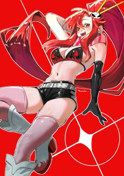 Rule 34 | 1girl, :d, absurdres, belt, bikini, bikini top only, black shorts, breasts, cleavage, commentary request, fingerless gloves, gloves, hair ornament, highres, katagiri yuuhi (paulowniayuuhi), large breasts, navel, open mouth, pink thighhighs, red background, red hair, short shorts, shorts, simple background, skull hair ornament, smile, solo, stomach, studded belt, swimsuit, tengen toppa gurren lagann, thighhighs, thighs, yellow eyes, yoko littner