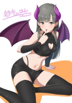 Rule 34 | 1girl, amagamip, arm support, arm warmers, bare shoulders, black arm warmers, black eyes, black hair, black shirt, black shorts, black thighhighs, blunt bangs, blush, breasts, cleavage, cleavage cutout, clothing cutout, collarbone, colored shadow, crop top, cropped shirt, demon girl, demon horns, demon wings, fake horns, fake wings, finger to mouth, hand up, highres, horns, idolmaster, idolmaster cinderella girls, idolmaster cinderella girls starlight stage, index finger raised, kobayakawa sae, long hair, looking at viewer, midriff, nail polish, navel, red nails, shadow, shirt, shorts, sitting, sleeveless, sleeveless shirt, small breasts, smile, solo, thighhighs, twitter username, wings, yokozuwari