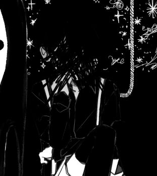 Rule 34 | 1boy, alternate costume, antenna hair, black background, censored, collarbone, collared shirt, commentary request, facing viewer, feet out of frame, greyscale, hand on own cheek, hand on own face, hand on own opposite hip, hand up, high contrast, highres, knees up, long sleeves, male focus, monochrome, no nose, omori, omori (omori), rou (h s sinrin), scribble censor, shirt, shorts, simple background, sitting, solo, something (omori), sparkle, star (symbol), suspender shorts, suspenders, thighhighs