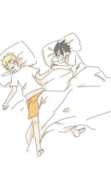2boys arm_behind_head barefoot black_hair blonde_hair blush closed_eyes crew_neck facial_mark holding_hands lying male_focus male_underwear midriff multiple_boys naruto_(series) navel ns_ichiban on_back on_side open_mouth orange_male_underwear pillow shirt short_sleeves sleeping spiked_hair t-shirt teeth uchiha_sasuke under_covers underwear uzumaki_naruto whisker_markings white_background white_shirt