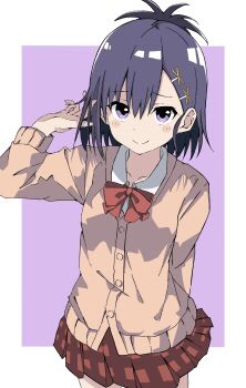 1girl absurdres blush closed_mouth commentary_request gabriel_dropout highres maho_ron1 playing_with_own_hair purple_eyes purple_hair ribbon short_hair skirt smile solo vignette_tsukinose_april