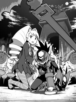 1girl aura bad_id bad_twitter_id bodysuit bow dark_phantom_(mega_man) dress drill_hair geo_stelar_(mega_man) greyscale hair_bow helmet highres kneeling long_hair luna_platz_(mega_man) mega_man_(series) mega_man_star_force_(series) mega_man_star_force_2 monochrome okkuu_(oexistcm) omega-xis_(mega_man) pantyhose star_force_mega_man striped_clothes striped_pantyhose sweatdrop twin_drills very_long_hair