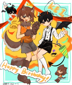 &gt;_&lt; 2boys ;d alternate_costume animal_ear_fluff animal_ears animal_hands antenna_hair aqua_background arm_at_side ascot bare_arms bare_shoulders black_hair black_shorts black_tail black_wings boots border brooch brown_boots brown_eyes brown_hair character_name chibi chibi_only chinese_commentary collared_shirt commentary_request confetti dated demon_boy demon_horns demon_tail demon_wings dog_boy dog_ears dog_tail double-parted_bangs expressionless fang frilled_sleeves frills full_body green_hat grey_shorts hair_between_eyes hand_up hands_up happy_birthday hat highres horns hz11037 jewelry kel_(faraway)_(omori) kel_(omori) kemonomimi_mode knee_boots kneehighs knees_together_feet_apart long_sleeves looking_at_viewer male_focus multiple_boys no_shoes omori one_eye_closed open_mouth orange_shirt outside_border party_hat pointy_ears red_horns shirt short_hair shorts simple_background skin_fang sleeveless sleeveless_shirt smile socks standing standing_on_one_leg sunny_(omori) suspender_shorts suspenders tail tongue unworn_hat unworn_headwear very_short_hair white_ascot white_border white_shirt white_socks wings