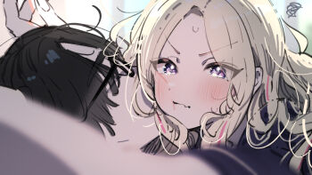 1boy 1girl black-framed_eyewear black_hair blonde_hair blush cheek_press commentary_request gakuen_idolmaster glasses hetero idolmaster juo_sena kasasagi_(futagodori888) producer_(idolmaster) squiggle v-shaped_eyebrows