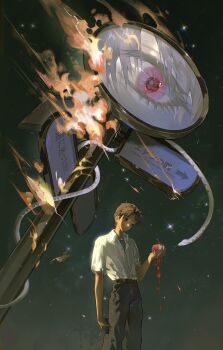 2boys absurdres apple belt bitten_apple black_belt black_pants blue_eyes blue_shirt brown_hair burning chinese_commentary closed_mouth collared_shirt commentary_request english_text expressionless eyelashes fire food food_bite fruit grey_hair highres holding holding_food holding_fruit ikari_shinji male_focus mixed-language_text modu7583 multiple_boys nagisa_kaworu neon_genesis_evangelion open_collar pants procreate_(medium) red_eyes school_uniform shirt short_hair short_sleeves signpost snake tokyo-3_middle_school_uniform undershirt white_shirt white_snake