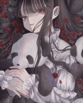 1girl absurdres bright_pupils brown_hair collar commentary_request flower frilled_collar frilled_sleeves frills highres holding holding_stuffed_toy long_hair looking_at_viewer monou_pico original parted_lips red_eyes red_flower red_rose rose solo stuffed_animal stuffed_panda stuffed_toy tears upper_body white_pupils