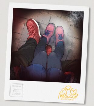 2girls black_pants black_pantyhose blue_skirt brown_shoes commentary girls_band_cry iseri_nina kawaragi_momoka milk_puppy multiple_girls object_focus pants pantyhose photo_(object) pleated_skirt red_shoes shoes sitting sitting_on_lap sitting_on_person skirt yuri