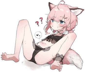 1girl ? ?? ahoge animal_ears arknights barefoot bikini black_bikini blue_eyes cameltoe feet fox_ears fox_girl fox_tail full_body hair_between_eyes heart highres knees_up lying nipples on_back parted_lips pink_hair simple_background solo spoken_heart sussurro_(arknights) sussurro_(summer_flower)_(arknights) swimsuit tail white_background yungun_(dbsrjsdn0330)