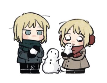 1boy 1girl axis_powers_hetalia black_boots black_eyes black_gloves black_pants blonde_hair blue_eyes blue_jacket blush_stickers boots brother_and_sister brown_coat buttons chibi chibi_only coat commentary_request earmuffs empty_eyes full_body gloves green_scarf half-closed_eyes hands_up holding holding_snowball jacket liechtenstein_(hetalia) long_sleeves looking_at_another looking_at_object mi_aph_to no_mouth open_mouth pants red_scarf scarf short_hair siblings simple_background smile snowball snowman standing switzerland_(hetalia) white_background