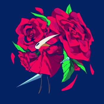 1girl arthropod_girl blue_background cloak flower highres hollow_eyes hollow_knight hollow_knight:_silksong horned_mask hornet_(hollow_knight) horns leaf looking_to_the_side mask needle_(hollow_knight) ocohc red_cloak red_flower red_rose rose white_mask