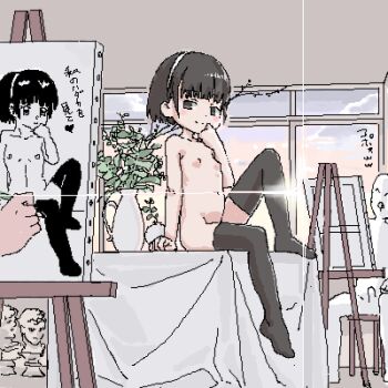 1boy 1girl age_difference art_room black_thighhighs blush breasts breasts_apart bust_(sculpture) canvas_(object) cloud diffraction_spikes easel erection flat_chest from_side full_body hairband indoors jaggy_lines knee_up lokulo_no_mawashimono loli lowres male_hand model modeling multiple_boys no_shoes nude nude_modeling penis plant pov short_hair sitting sky small_areolae small_breasts small_nipples smile solo_focus table tagme thighhighs vase white_hairband window