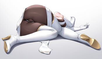 Rule 34 | 1girl, absurdres, ass, boots, breasts, cameltoe, cleavage, clothing aside, commission, defeat, elbow gloves, from behind, gloves, gold trim, high heel boots, high heels, highres, huge ass, large breasts, lying, on side, original, panties, pantyhose, partially visible vulva, pelvic curtain, pelvic curtain aside, shuiruoqing, solo, thick thighs, thigh boots, thighs, unconscious, underwear, white background, white boots, white gloves, white panties