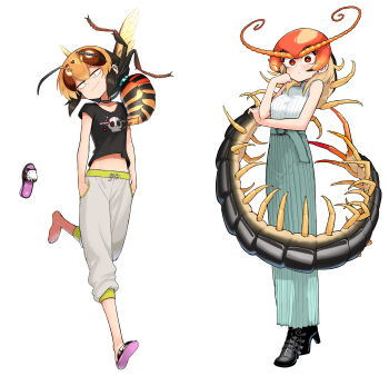 2girls absurdres antennae arthropod_girl black_hair blonde_hair bug centipede centipede_girl evolvingmonkey full_body hands_in_pockets hello_kitty hello_kitty_(character) highres long_skirt midriff multiple_girls orange_eyes original pants sanrio shoes simple_background single_shoe skirt sleeveless slippers sweatpants wasp wasp_girl white_background