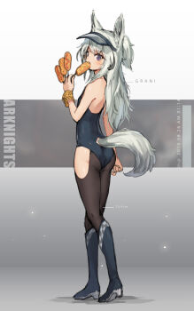 1girl animal_ears arknights asicah ass bare_shoulders black_pantyhose blue_boots boots bracelet character_name clothing_cutout eating food from_behind full_body grani_(arknights) grey_hair hip_vent holding holding_food horse_ears horse_girl horse_tail hot_dog jewelry knee_boots leotard long_hair looking_at_viewer looking_back one-piece_swimsuit pantyhose ponytail purple_eyes solo standing swimsuit tail tail_through_clothes visor_cap