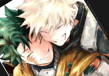 2boys bakugou_katsuki blonde_hair boku_no_hero_academia cape closed_eyes closed_mouth english_text green_hair grin happy highres hug hug_from_behind male_focus midoriya_izuku multiple_boys scar scar_on_face short_hair simple_background smile spiked_hair superhero_costume teeth ukiruki_895 white_background yellow_cape