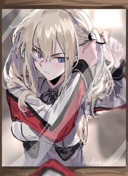 1girl adjusting_hair aogisa black_ribbon blonde_hair blurry blurry_background blush breasts closed_mouth collared_shirt commentary_request graf_zeppelin_(kancolle) hair_between_eyes highres kantai_collection large_breasts long_hair long_sleeves military_uniform mirror purple_eyes reflection ribbon shirt solo twintails_day upper_body