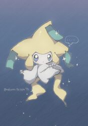 Rule 34 | blue background, blue eyes, closed mouth, colored skin, commentary request, creatures (company), full body, game freak, gen 3 pokemon, jirachi, legendary pokemon, looking down, mythical pokemon, nako (nekono shippo75), nintendo, outstretched arm, pokemon, sparkle, thought bubble, twitter username, watermark, white skin