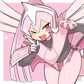 1boy androgynous bent_over blunt_ends blush cowboy_shot fang gen_4_pokemon hand_on_own_hip high_ponytail kasugai_(de-tteiu) legendary_pokemon long_hair looking_to_the_side male_focus nintendo no_nose one_eye_closed palkia pants personification pink_hair pink_pants pointing pointing_up pokemon pokemon_dppt ponytail red_eyes skin_tight solo striped_blush trap