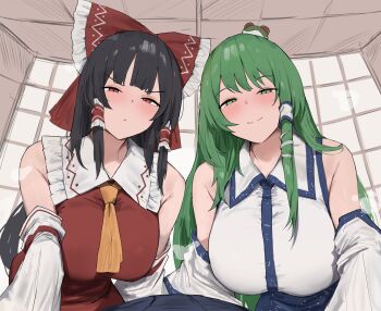 1boy 258n 2girls alternate_breast_size_(larger) ascot black_hair blue_skirt blush bow breasts closed_mouth collared_shirt detached_sleeves frilled_bow frilled_hair_tubes frills frog_hair_ornament green_eyes green_hair hair_bow hair_ornament hair_tubes hakurei_reimu highres huge_breasts kochiya_sanae long_hair looking_at_viewer multiple_girls pov red_bow red_eyes red_shirt red_skirt ribbon-trimmed_sleeves ribbon_trim shirt shouji single_hair_tube skirt skirt_set sleeveless sleeveless_shirt sliding_doors smile snake_hair_ornament touhou very_long_hair white_shirt yellow_ascot