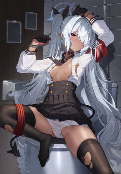 1girl absurdres animal_collar armband arms_up artist_name asymmetrical_bangs bdsm belt_collar black_gloves black_necktie black_skirt black_tail black_thighhighs blue_archive blush bondage bound bound_legs bound_wrists breasts cleavage clenched_teeth collar cuffs dango_remi dark-skinned_female dark_skin deep_skin demon_tail dot_nose duplicate eyebrows_hidden_by_hair folded frogtie frown gloves grey_hair hair_intakes hair_over_one_eye hair_ribbon halo handcuffs hands_up high-waist_skirt highres iori_(blue_archive) long_bangs long_hair necktie no_bra open_clothes open_mouth open_shirt panties pixel-perfect_duplicate pleated_skirt pointy_ears red_armband red_eyes restrained public_restroom ribbon see-through_clothes shirt sidelocks skindentation skirt small_breasts solo spread_legs sweat tail tan teeth thighhighs thighs toilet torn_clothes torn_thighhighs twintails unbuttoned unbuttoned_shirt underwear uniform very_long_hair wavy_mouth white_panties white_shirt