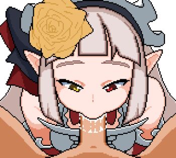 1boy 1girl :&gt;= animated animated_gif bonnet clothed_female_nude_male commission cum cum_in_mouth deepthroat dress ejaculation fellatio flower grey_hair hair_flower hair_ornament hetero heterochromia izumi_kumi loli looking_at_viewer nude oral original penis pixel_art pixiv_commission red_eyes rose simple_background thighhighs uramomo white_background white_dress winking_(animated) yellow_eyes yellow_flower yellow_rose
