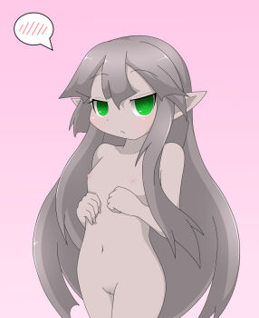 1girl amauchi blush breasts brown_hair collarbone commentary_request completely_nude elemental_(creature) gnome_(mon-musu_quest!) green_eyes long_hair looking_at_viewer mon-musu_quest! navel nipples nude pink_background pointy_ears pussy sidelocks small_breasts solo speech_bubble spoken_blush