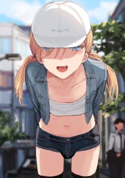 1other 2boys :d arms_behind_back baseball_cap black_shorts black_thighhighs blonde-haired_boy_(sunaba_(nczd5875)) blonde_hair blue_eyes blurry blurry_background car cityscape collarbone collared_jacket commentary_request crop_top cropped_jacket crossdressing crossdressing_(mtf) denim denim_jacket denim_shorts dot_nose fang grey_jacket hair_between_eyes hat jacket lamppost leaning_forward light_blush long_hair long_sleeves looking_at_viewer male_focus midriff motor_vehicle multiple_boys navel open_clothes open_jacket open_mouth original people shirt short_shorts shorts smile solo_focus sunaba_(nczd5875) thighhighs thighs tongue trap tree twintails white_hat white_shirt