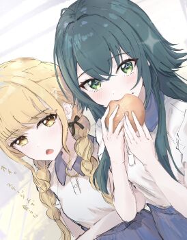 1girl black_ribbon blonde_hair blue_collar blue_shorts blush braid bread collar collared_shirt contrast_collar dutch_angle eating food food_on_face fujita_kotone gakuen_idolmaster green_hair gym_shirt gym_uniform hair_flaps hair_ribbon highres holding holding_food idolmaster l_kirschblute long_hair looking_at_another looking_at_viewer ribbon shirt shorts solo tsukimura_temari twin_braids white_background