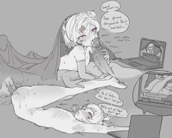 1boy 1girl ^^^ armpits arms_up ass barefoot bed_sheet blush bob_cut breasts breath commentary commission completely_nude computer disembodied_hand disembodied_penis doki_doki_literature_club elbow_gloves english_commentary english_text exspiravitbag faceless faceless_male fang feet_up fellatio folded gloves grey_background greyscale hair_ornament hand_on_another&#039;s_leg handjob heavy_breathing hetero laptop legs_up licking licking_penis livestream lying monochrome motion_lines multiple_views natsuki_(doki_doki_literature_club) nipples nose_blush nude on_back on_bed on_stomach oral penis pink_eyes raised_eyebrows ribs sex sex_from_behind shiny_skin short_hair skin_fang small_breasts solo_focus speech_bubble spot_color sweat swept_bangs teeth testicles toes tongue tongue_out trembling two_side_up under_covers upper_teeth_only vaginal veins veiny_penis very_sweaty x_hair_ornament