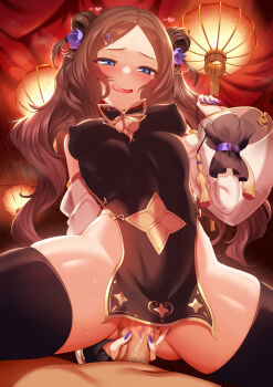 1boy 1girl bare_shoulders black_dress black_thighhighs blue_eyes blush breasts brown_hair censored china_dress chinese_clothes cleavage_cutout clothing_cutout covered_erect_nipples cowgirl_position detached_sleeves double_bun dress fate/grand_order fate_(series) flower forehead girl_on_top gluteal_fold gold_trim guided_penetration hair_bun hair_flower hair_ornament hairclip hetero highres large_variant_set leonardo_da_vinci_(chinese_ver._4th_anniversary)_(fate) leonardo_da_vinci_(fate) leonardo_da_vinci_(fate/grand_order) leonardo_da_vinci_(rider)_(fate) licking_lips long_hair looking_at_viewer m-da_s-tarou male_pubic_hair medium_breasts mosaic_censoring no_panties open_mouth parted_bangs pelvic_curtain penis pubic_hair sex short_dress side_slit smile spread_legs straddling sweat tassel thighhighs thighs tongue tongue_out vaginal variant_set