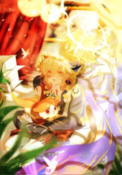 Rule 34 | 2boys, aged down, arm tattoo, armlet, bandaid, bandaid on face, black shorts, black tank top, blonde hair, braid, chest tattoo, chimera (honkai: star rail), commentary, creature, earrings, facial tattoo, gauntlets, gold earrings, gradient hair, halo, halo behind head, hand on another's head, highres, holding, holding creature, holding hands, honkai: star rail, honkai (series), jewelry, male focus, material growth, medium hair, multicolored hair, multiple boys, mydei (a trail of bygone blood) (honkai: star rail), mydei (fig stew) (honkai: star rail), mydei (honkai: star rail), necklace, phainon (honkai: star rail), phainon (khaslana) (honkai: star rail), phel2084463, red hair, red tattoo, shorts, side braid, tank top, tattoo, yellow eyes