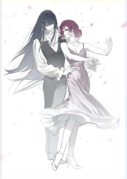 Rule 34 | 2girls, absurdres, bare arms, black hair, black pants, black shoes, blue vest, breasts, chinese commentary, cleavage, collared shirt, commentary request, dress, evening gown, formal clothes, full body, green eyes, hair between eyes, hand on another's waist, high heels, highres, holding hands, jewelry, limited palette, long hair, long sleeves, looking at another, luori dianxin, medium breasts, medium dress, multiple girls, necklace, pants, parted lips, path to nowhere, purple dress, purple hair, purple lips, rahu (path to nowhere), shalom (path to nowhere), shirt, shoes, sleeveless, sleeveless dress, smile, standing, very long hair, vest, waistcoat, white background, white shirt, yuri