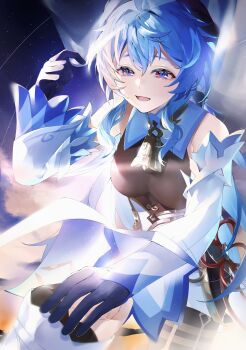 1girl absurdres bare_shoulders bell black_pantyhose blue_gloves blue_hair ganyu_(genshin_impact) genshin_impact gloves highres holding_hands horns long_hair looking_at_another multicolored_eyes neck_bell pantyhose parted_lips sky star_(sky) starry_sky yukiusagi_(snowrabbit0508)