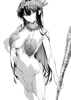 1girl ass bare_shoulders black_hair breasts cleavage cowboy_shot flower_bra hair_between_eyes haite_kudasai_takamine-san head_tilt head_wreath hiiragi_yuuichi hip_bones holding holding_staff large_breasts long_hair looking_at_viewer monochrome navel solo staff takamine_takane thighs upper_body