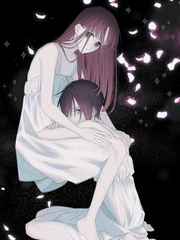 Rule 34 | 2girls, baby (demotsu), bare shoulders, barefoot, black background, black hair, breasts, brown eyes, brown hair, crossed arms, dress, falling petals, fruits basket, hair between eyes, highres, honda tohru, kneeling, lap pillow, long hair, medium breasts, multiple girls, petals, short hair, sitting, sleeveless, sleeveless dress, sohma akito, white dress, yuri