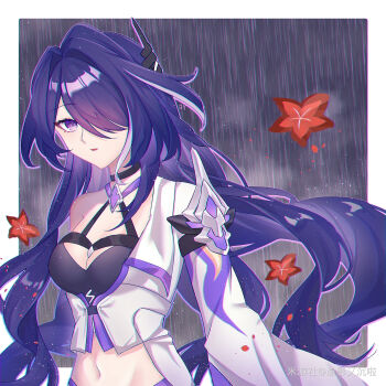 1girl acheron_(honkai:_star_rail) border breasts chinese_commentary cleavage commentary_request crop_top flower hair_over_one_eye highres honkai:_star_rail honkai_(series) jacket large_breasts long_hair midriff miyoushe_watermark navel purple_eyes purple_hair qi_ying_you_chen_la rain red_flower solo very_long_hair watermark white_border white_jacket