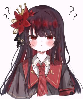 1girl ? @_@ armband black_hair blush collar_chain_(jewelry) collared_shirt commentary_request cropped_torso crown flower grey_jacket hair_flower hair_ornament highres jacket looking_at_viewer mahou_shoujo_no_majo_saiban mini_crown myua_(wan_wan_00xx) necktie nikaido_hiro parted_lips red_armband red_eyes red_necktie shirt simple_background solo sweat upper_body white_background white_shirt