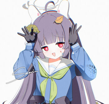 1girl ahoge animal_ears black_hair blue_archive blush commentary_request fake_animal_ears halo highres korean_commentary leaf leaf_on_head long_hair long_sleeves looking_at_viewer miyu_(blue_archive) nem_ren open_mouth rabbit_ears red_eyes school_uniform serafuku shirt smile solo