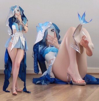 absurdres bare_legs barefoot blue_butterfly bug butterfly cosplay cosplay_photo feet high_heels highres insect panties pantyhose photo_(medium) self-upload shiny_skin shoe_dangle shorekeeper_(wuthering_waves) soles toes underwear wuthering_waves