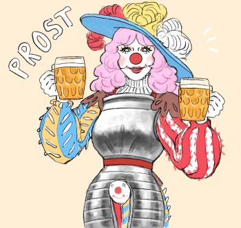 1girl alcohol armor beer beer_mug black_eyes blush brown_background clown clown_nose clownsknecht commentary cup drink english_commentary german_text gloves goblin_bin hat_feather highres holding holding_cup holding_drink makeup mug original pink_hair red_lips simple_background smile solo white_gloves