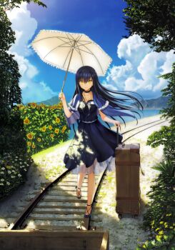 1girl beach black_dress black_hair black_hairband black_shoes blue_sky bug butterfly capelet choker cloud cloudy_sky copyright_name cross-laced_footwear dappled_sunlight day dress female_focus flower frills grass hairband high_heels highres holding holding_umbrella insect jewelry key key_(company) key_necklace kushima_kamome long_hair na-ga nature necklace official_art outdoors parasol plant rolling_suitcase scenery see-through_clothes shoes skull_and_crossbones sky smile solo standing suitcase summer_pockets sunflower sunlight tree umbrella yellow_eyes