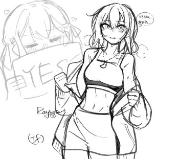 Rule 34 | 2girls, bang dream!, bang dream! it's mygo!!!!!, blush, chinese text, commentary, greyscale, highres, jacket, jewelry, medium hair, midriff, misumi uika, monochrome, multiple girls, navel, necklace, open clothes, open jacket, shorts, sports bra, symbol-only commentary, togawa sakiko, translation request, white background, yes-no pillow, yoyoray20001996, yuri