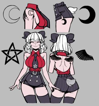 absurdres baphomet_(grizz) black_bow black_gloves black_skirt blush boots bow breasts cameo cleavage closed_eyes concept_art crescent crescent_moon demon_girl demon_tail dynamic_pose frog from_side gloves grizz helltaker helltaker_(character) high_heel_boots high_heels highres horns justice_(helltaker) lineart long_tongue moon multiple_expressions official_art open_mouth original reference_sheet skirt speech_bubble sunglasses tail tongue tongue_out vanripper_(style) white_hair wings