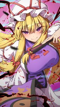 1girl absurdres blonde_hair blush bow breasts closed_mouth commentary_request dress folded_fan folding_fan hair_between_eyes hair_bow hair_ribbon hand_fan hat hat_ribbon highres holding holding_fan large_breasts long_hair long_sleeves looking_at_viewer mob_cap purple_eyes purple_tabard red_bow red_ribbon ribbon smile solo tabard touhou very_long_hair white_dress yakumo_yukari yin_yang yin_yang_print yosshy
