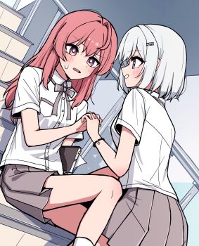 Rule 34 | 2girls, absurdres, blush, collared shirt, commentary, grey ribbon, grey skirt, hair ornament, hairclip, highres, holding hands, interlocked fingers, jin (jinkwon1147), korean commentary, long hair, multiple girls, neck ribbon, open mouth, original, pleated skirt, purple eyes, red eyes, red hair, ribbon, school uniform, shirt, short hair, short sleeves, sitting, skirt, stairs, sweatdrop, white hair, white shirt, yuri